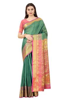 Teal woven Banarasi silk blend saree with blouse