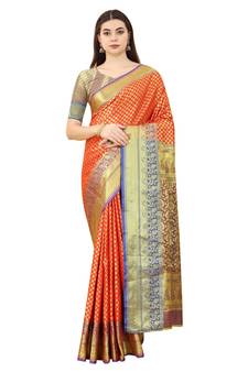 Red woven Banarasi silk blend saree with blouse