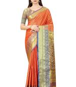 Red woven Banarasi silk blend saree with blouse