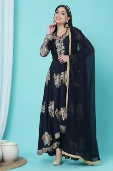 Navy-Blue Embroidered Faux Georgette Salwar Up To 42" Size