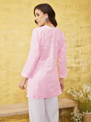 Hand Embroidered Baby Pink Cotton Lucknowi Chikankari Indian Women Top 3