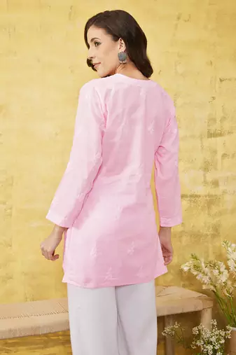 Hand Embroidered Baby Pink Cotton Lucknowi Chikankari Indian Women Top