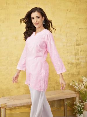 Hand Embroidered Baby Pink Cotton Lucknowi Chikankari Indian Women Top 4