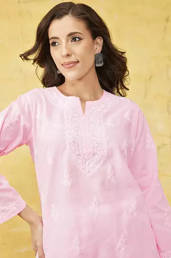 Hand Embroidered Baby Pink Cotton Lucknowi Chikankari Indian Women Top