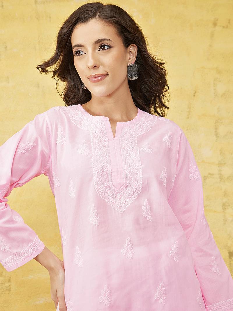 Hand Embroidered Baby Pink Cotton Lucknowi Chikankari Indian Women Top