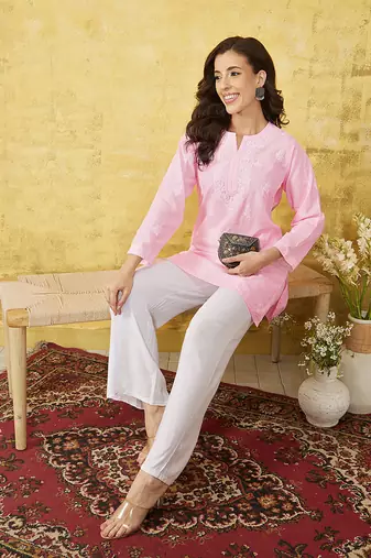Hand Embroidered Baby Pink Cotton Lucknowi Chikankari Indian Women Top