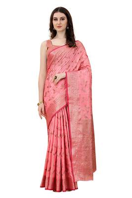 Pink Chanderi Cotton Threads & Zari Work Treadtional saree with Blouse 1