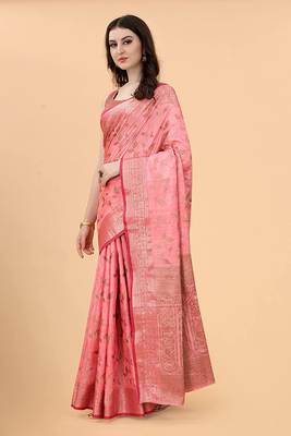 Pink Chanderi Cotton Threads & Zari Work Treadtional saree with Blouse 2