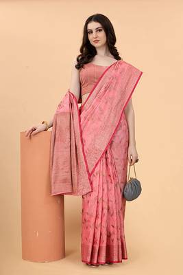 Pink Chanderi Cotton Threads & Zari Work Treadtional saree with Blouse 4