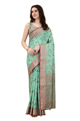 Teal Chanderi Cotton Threads & Zari Work Treadtional saree with Blouse 1