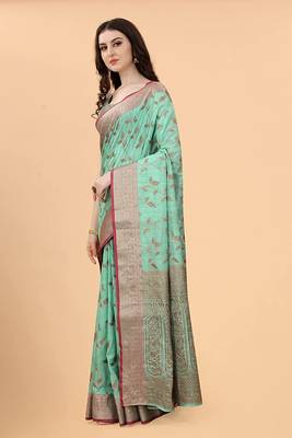 Teal Chanderi Cotton Threads & Zari Work Treadtional saree with Blouse 2