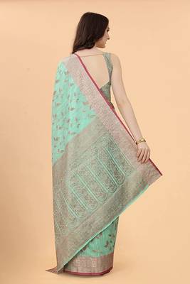 Teal Chanderi Cotton Threads & Zari Work Treadtional saree with Blouse 3