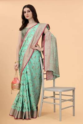 Teal Chanderi Cotton Threads & Zari Work Treadtional saree with Blouse 4