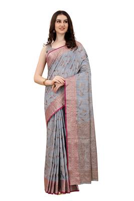 Grey Chanderi Cotton Threads & Zari Work Treadtional saree with Blouse 1
