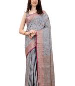 Grey Chanderi Cotton Threads & Zari Work Treadtional saree with Blouse