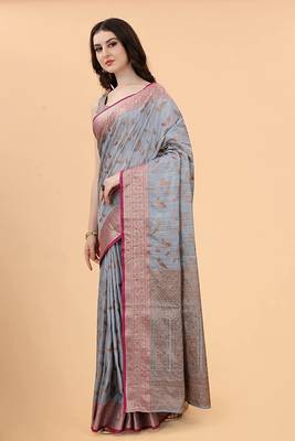 Grey Chanderi Cotton Threads & Zari Work Treadtional saree with Blouse 2