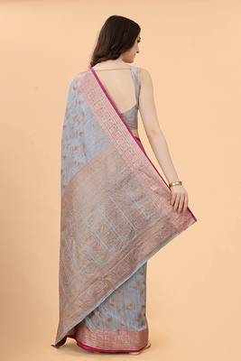Grey Chanderi Cotton Threads & Zari Work Treadtional saree with Blouse 3