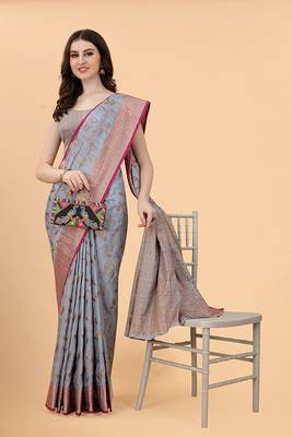 Grey Chanderi Cotton Threads & Zari Work Treadtional saree with Blouse 4