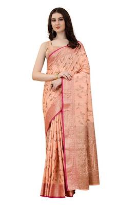 Peach Chanderi Cotton Threads & Zari Work Treadtional saree with Blouse 1