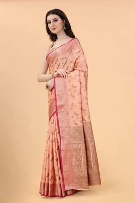 Peach Chanderi Cotton Threads & Zari Work Treadtional saree with Blouse 2