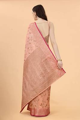 Peach Chanderi Cotton Threads & Zari Work Treadtional saree with Blouse 3