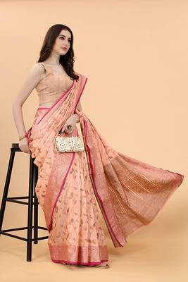 Peach Chanderi Cotton Threads & Zari Work Treadtional saree with Blouse 4