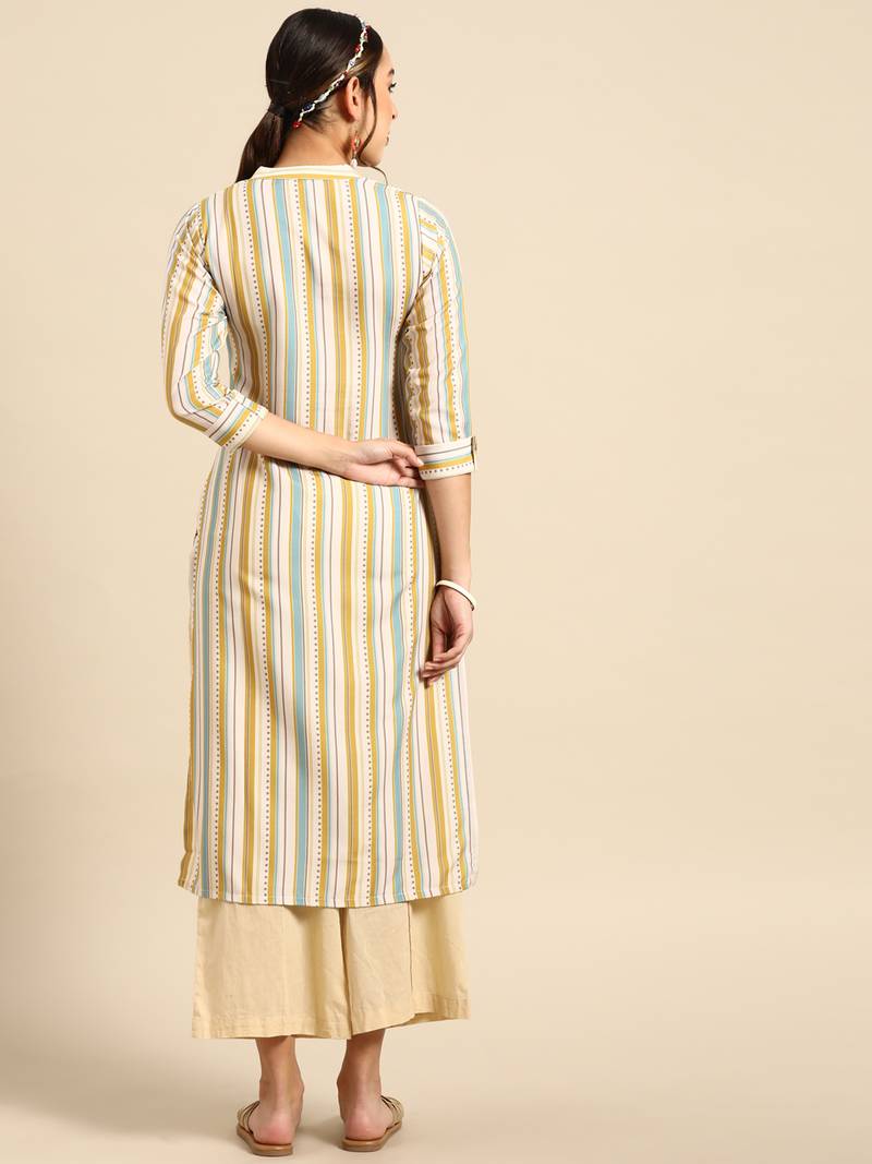 Women's Beige Digital Printed Rayon Kurta.