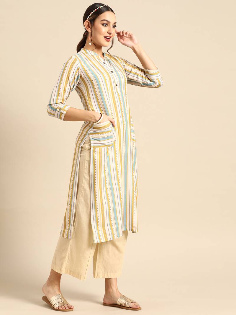 Women's Beige Digital Printed Rayon Kurta.