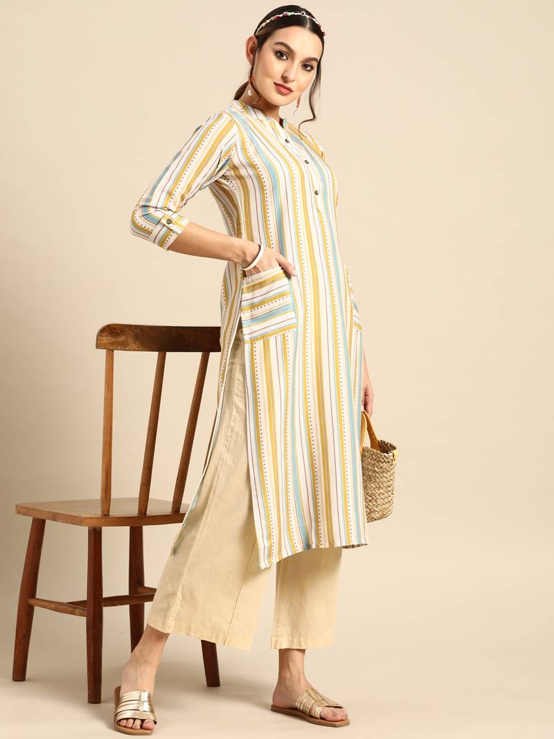 Women's Beige Digital Printed Rayon Kurta.