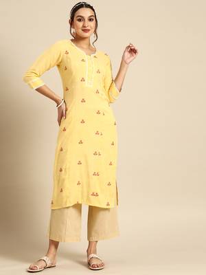 Women's Yellow Embroidered Rayon Kurta. 1