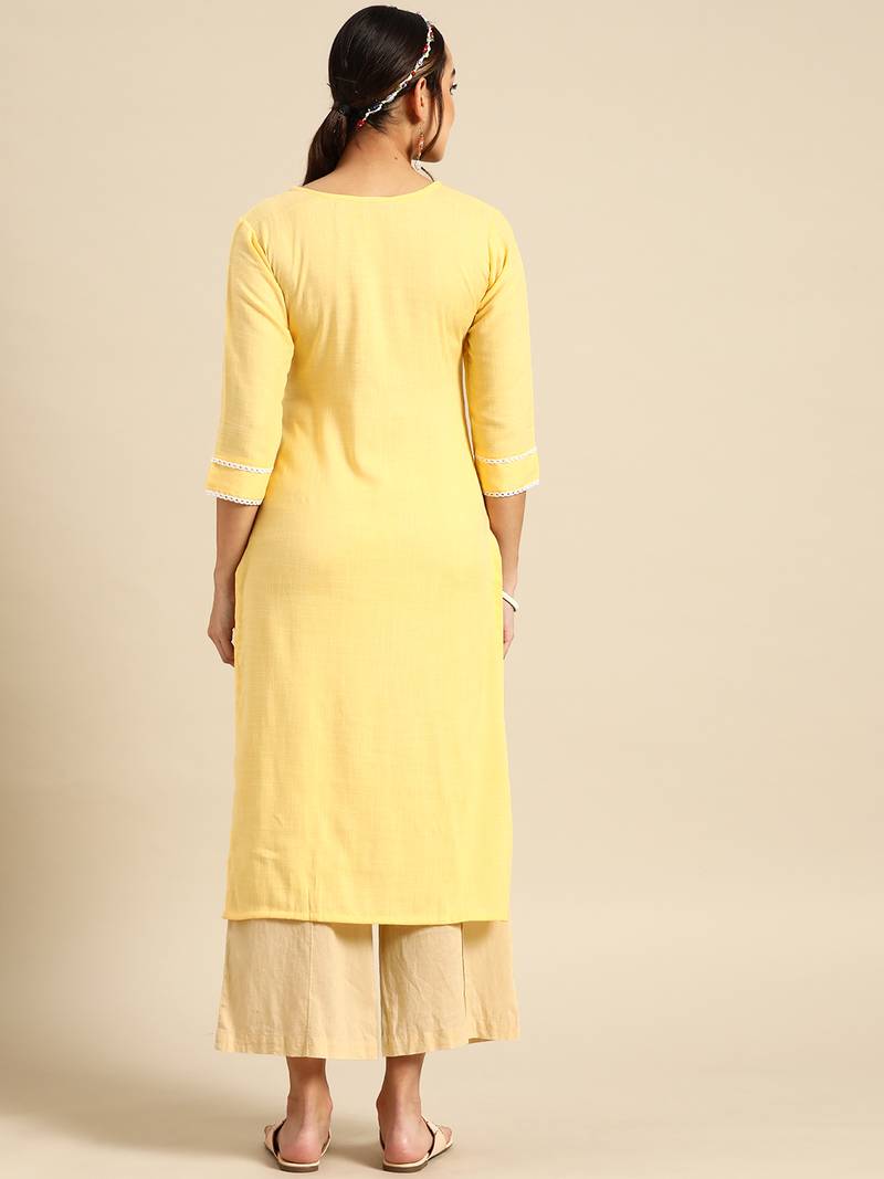 Women's Yellow Embroidered Rayon Kurta.