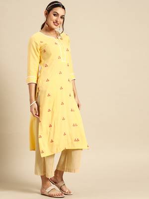 Women's Yellow Embroidered Rayon Kurta. 3