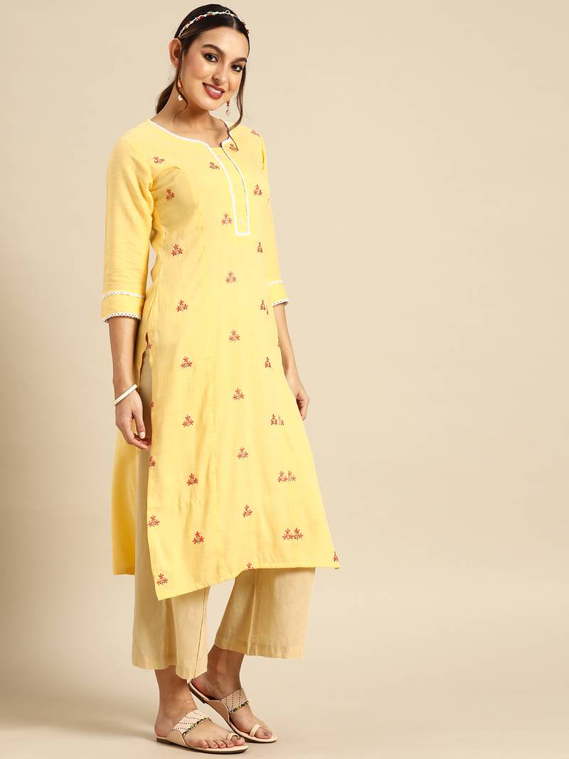 Women's Yellow Embroidered Rayon Kurta.