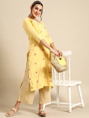 Women's Yellow Embroidered Rayon Kurta. 4