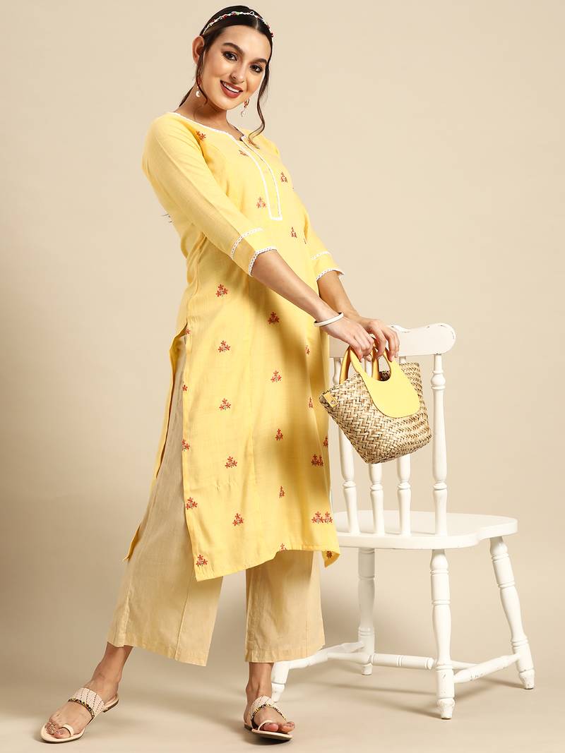 Women's Yellow Embroidered Rayon Kurta.