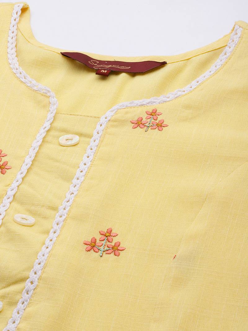 Women's Yellow Embroidered Rayon Kurta.