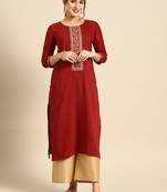 Women's Maroon Embroidered Chinon Kurta.