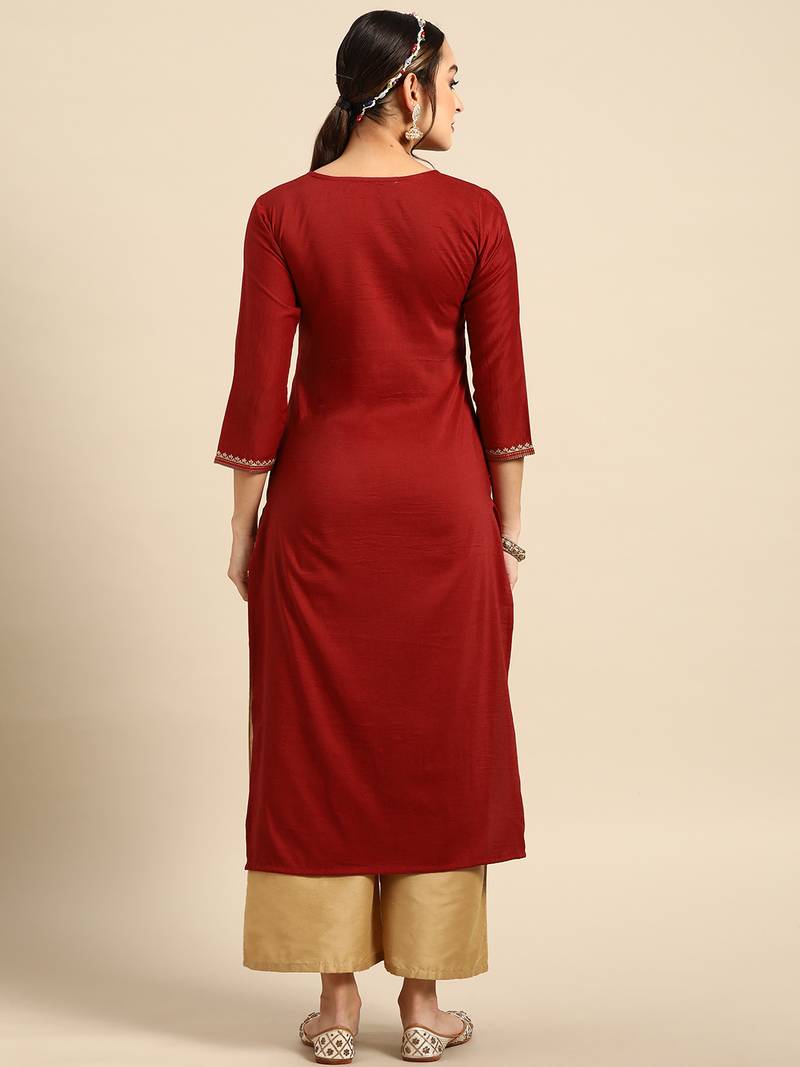Women's Maroon Embroidered Chinon Kurta.