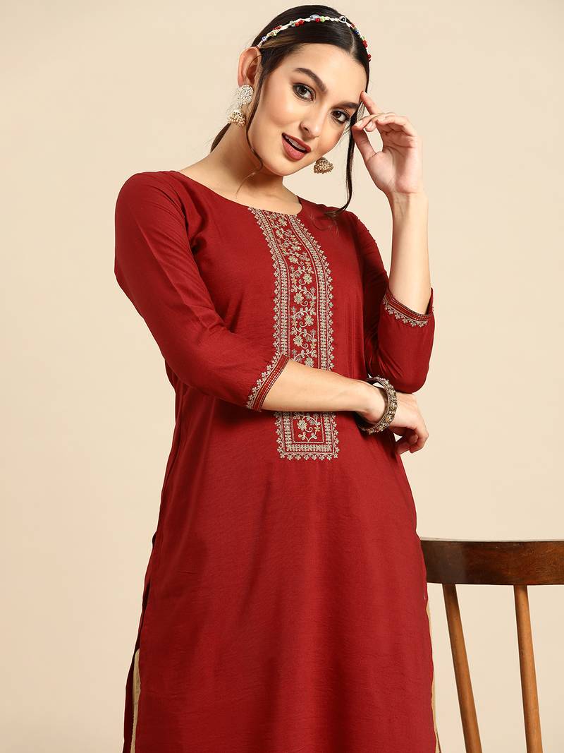 Women's Maroon Embroidered Chinon Kurta.