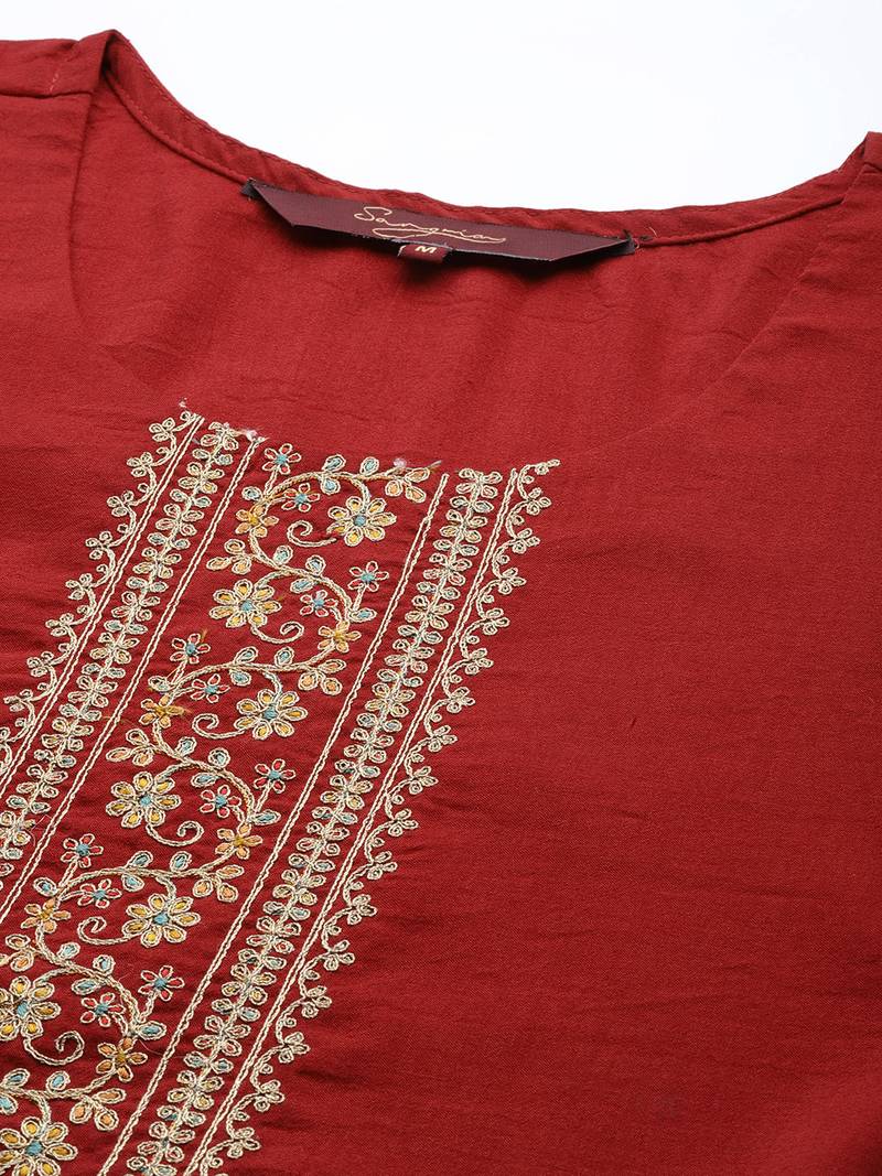 Women's Maroon Embroidered Chinon Kurta.