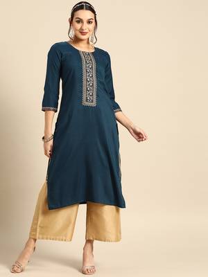 Women's Blue Embroidered Chinon Kurta. 1