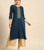 Women's Blue Embroidered Chinon Kurta.