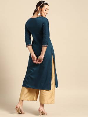 Women's Blue Embroidered Chinon Kurta. 2