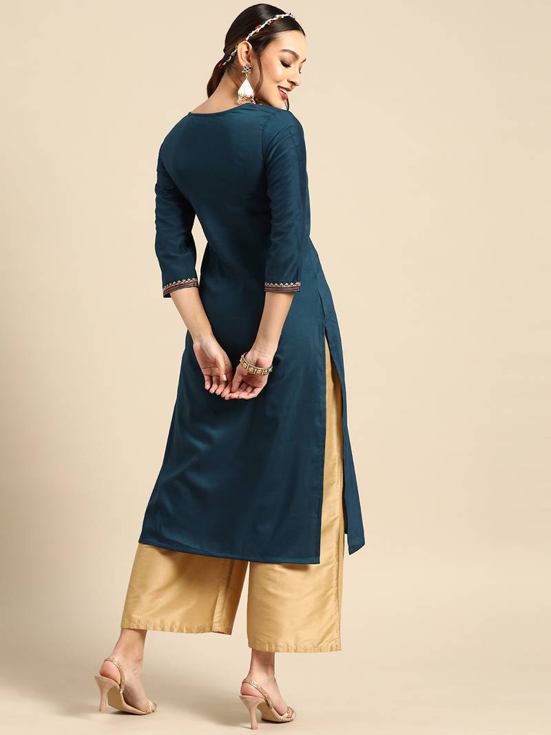 Women's Blue Embroidered Chinon Kurta.