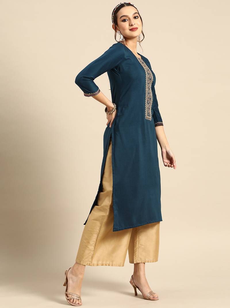 Women's Blue Embroidered Chinon Kurta.