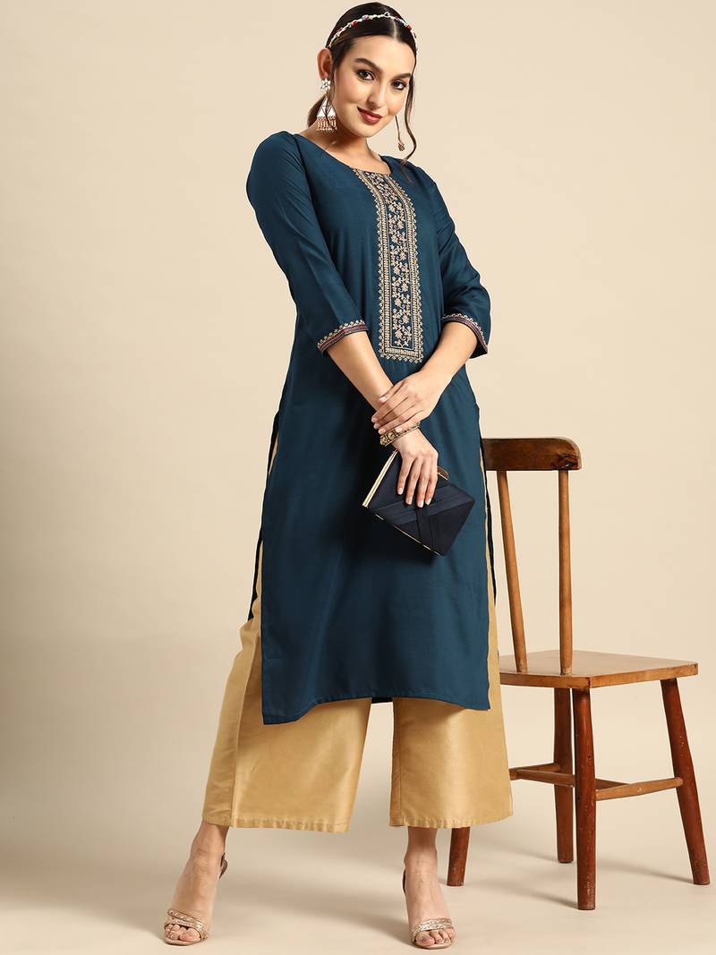 Women's Blue Embroidered Chinon Kurta.