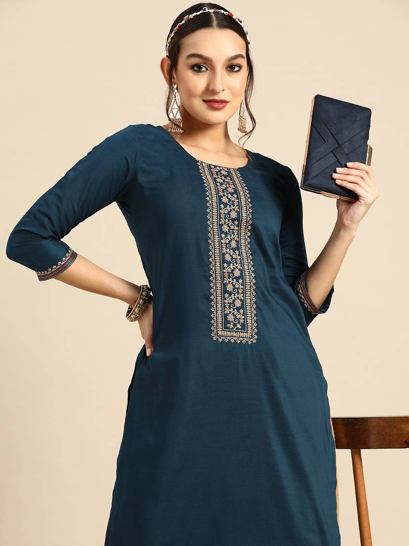 Women's Blue Embroidered Chinon Kurta.