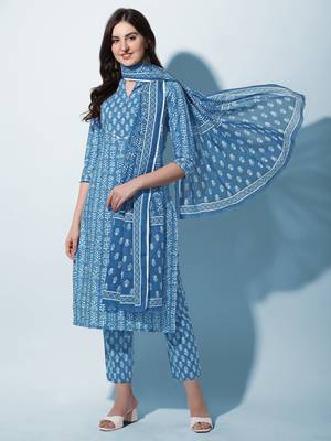 Turquoise ,White Block Printed Cotton Kurta With Pant and Dupatta Set 1