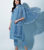 Turquoise ,White Block Printed Cotton Kurta With Pant and Dupatta Set
