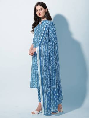 Turquoise ,White Block Printed Cotton Kurta With Pant and Dupatta Set 2